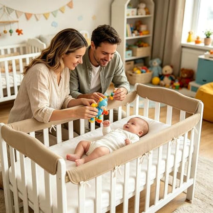 Baby Crib Rail Guard Cover, Adjustable Cotton Gauze Bed Edge Protector - White