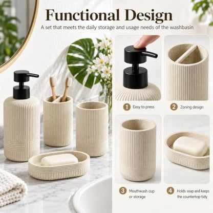 Beige Bathroom Accessory Set 4 Pieces - Toothbrush Holder, Soap Dish, Lotion Bottle, Cup - Resin