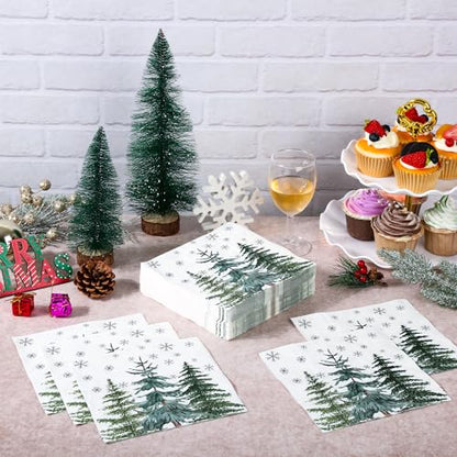 100 Pcs Christmas Tree Napkins 6.5 x 6.5 Inch Biodegradable 2-Ply Snowflake Pine Design