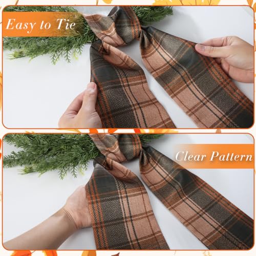 Orange-Brown Plaid Fall Wreath Sash Set for Front Door Autumn Decor - 2 Pieces