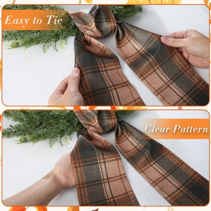 Orange-Brown Plaid Fall Wreath Sash Set for Front Door Autumn Decor - 2 Pieces