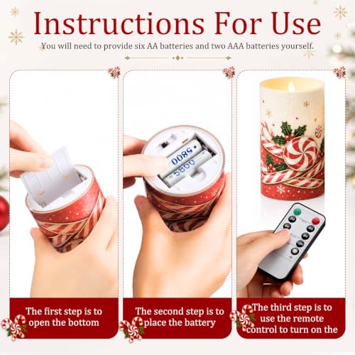 Christmas Candy Cane Flameless Candle Set with Remote - 3 Color Changing LED Pillar Candles