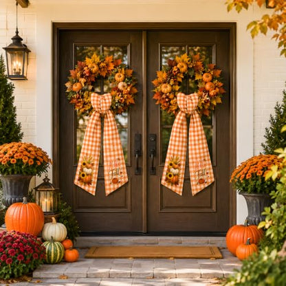 Fall Wreath Sash for Front Door - Orange and White Plaid Satin Decor - Variation of THIS listing