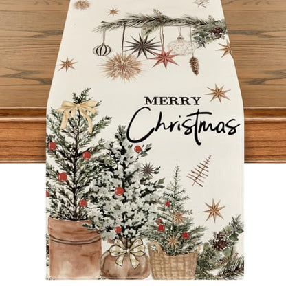 Holly Pine Cone Xmas Table Runner 13x108 Inch Beige Holiday Decor