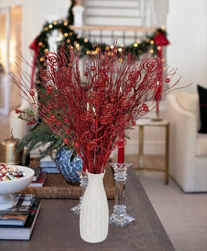 20PCS Red Glitter Artificial Curly Berry Stems Christmas Ornaments for Wreath & Tree Decor