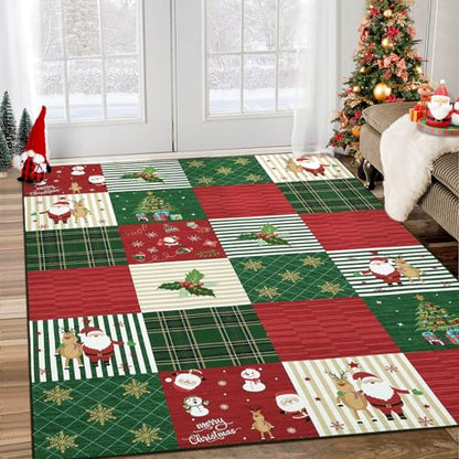 4x6 Washable Christmas Rug - Soft Non-Slip Holiday Area Rug with Elk & Santa Design - Red/Green