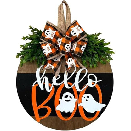 Halloween Ghost Wreath with Bow Decor - Front Door Halloween Decoration