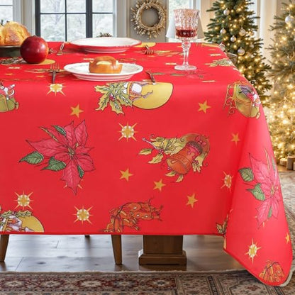 Honellaty Christmas Sled Rectangular Tablecloth 60x120 Inch Red with Poinsettia & Bells