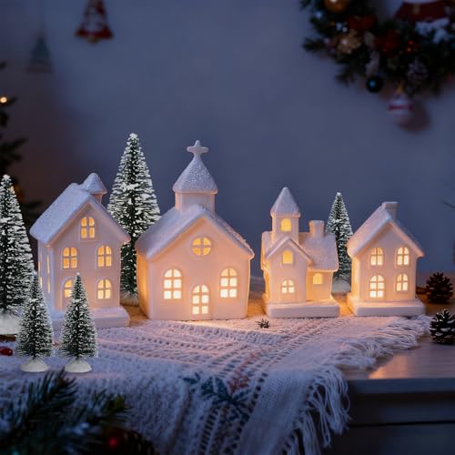 Lighted Christmas Village Set of 4 Ceramic Houses & 5 Christmas Trees Winter White Glazed Holiday Decor