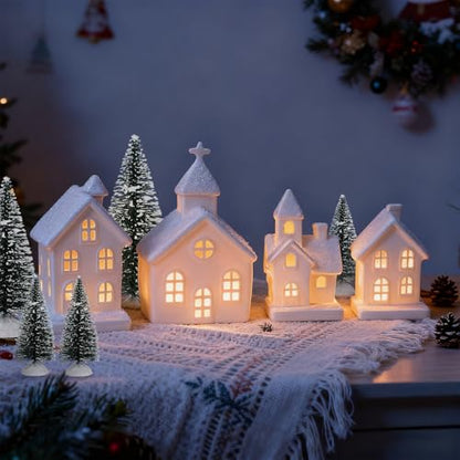 Lighted Christmas Village Set of 4 Ceramic Houses & 5 Christmas Trees Winter White Glazed Holiday Decor