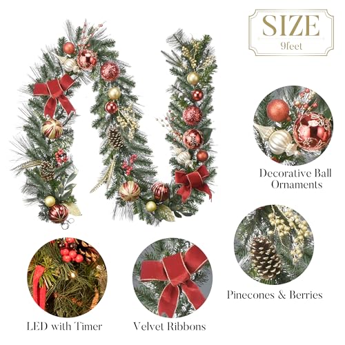 Red 9 Feet Pre-Lit Christmas Garland with Red Gold Balls & Bow - Valery Madelyn