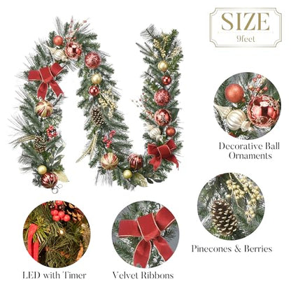 Red 9 Feet Pre-Lit Christmas Garland with Red Gold Balls & Bow - Valery Madelyn