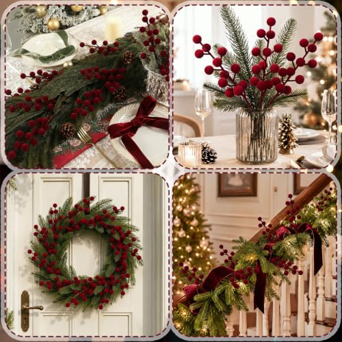 60 Pcs Burgundy Christmas Holly Berry Stems - 8 Inch / Holiday Decor