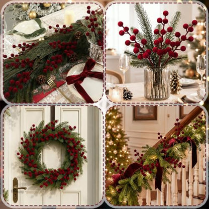 60 Pcs Burgundy Christmas Holly Berry Stems - 8 Inch / Holiday Decor