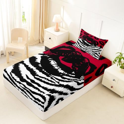 Red Black Zebra Print Twin Fitted Sheet with Pillowcase - Deep 16-Inch Pockets