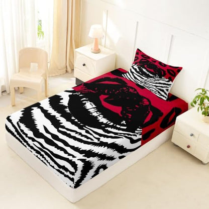 Red Black Zebra Print Twin Fitted Sheet with Pillowcase - Deep 16-Inch Pockets