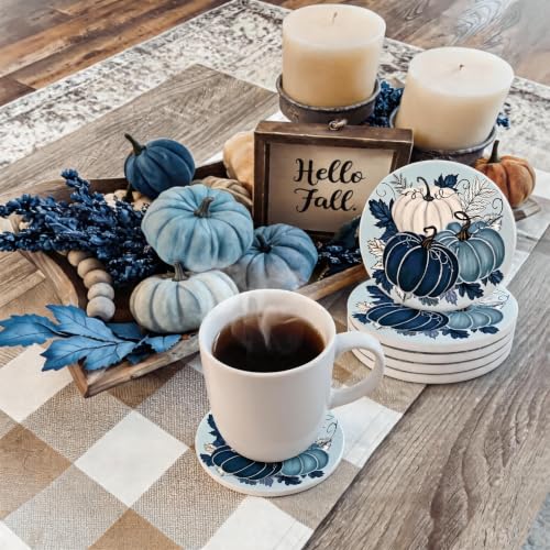 Fall Ceramic Drink Coasters Set - Blue Pumpkin Leaves Decor, 4 Pieces