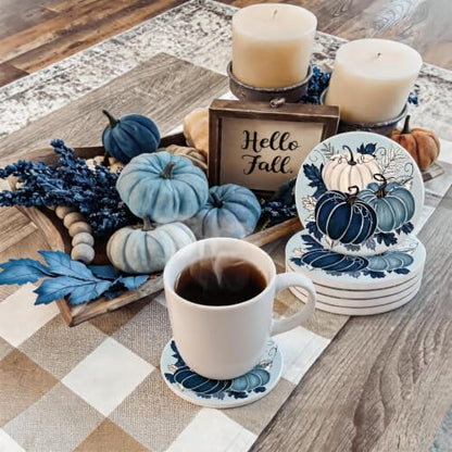 Fall Ceramic Drink Coasters Set - Blue Pumpkin Leaves Decor, 4 Pieces