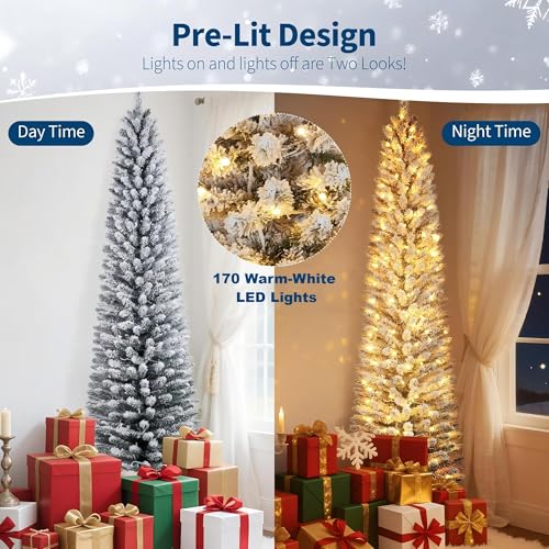 6ft Snow-Flocked Artificial Christmas Tree with Pre-Lit LED Lights - Pencil Shape, Hinged Branches, Metal Stand