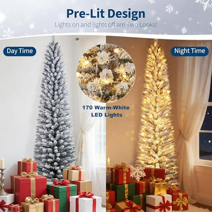 6ft Snow-Flocked Artificial Christmas Tree with Pre-Lit LED Lights - Pencil Shape, Hinged Branches, Metal Stand