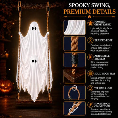Outdoor Hanging Ghost Decorations, 5 FT Large Swinging Ghost Set for Halloween Yard