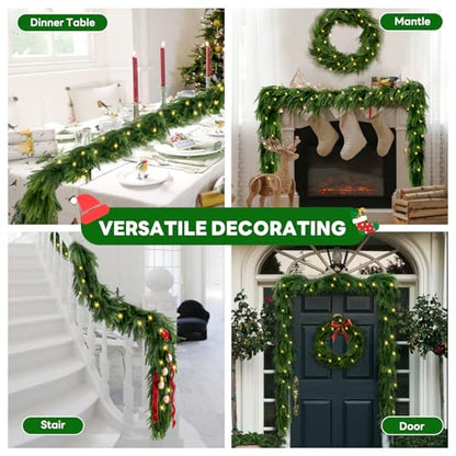 Green 9FT Artificial Norfolk Pine Garland with Lights - Pre-Lit Christmas Decor