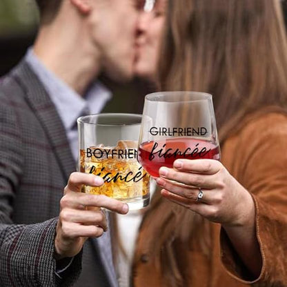 Engagement Gift Set for Couples - 10 oz Whiskey & 12 oz Wine Glasses - Fiancé and Fiancée Variation