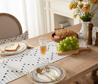 Black Beige Cotton Linen Rustic Boho Table Runner 13x108 Inches - Caflife
