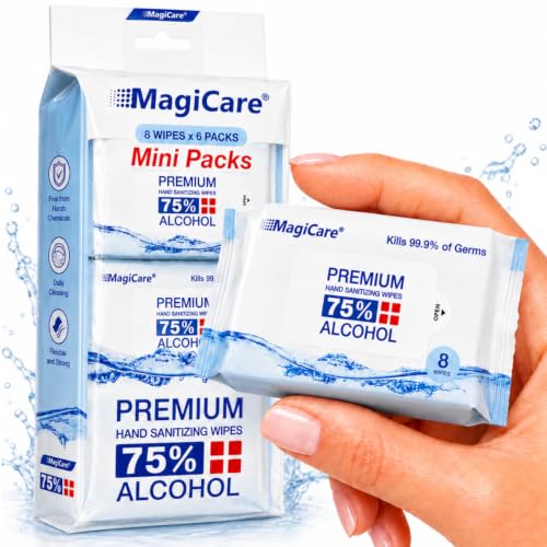Mini Hand Sanitizer Wipes 8 Pack - Alcohol Wipes Travel Disinfectant, Fragrance-Free, 48 Total