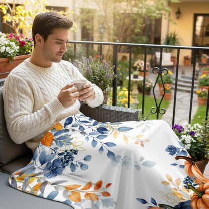 Fall Maple Branch Flannel Blanket for Bed and Couch, 30x40 Inches - Orange Blue White, Cozy Throw for All Seasons