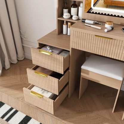 Dressing Table Set with Mirror & Lights, Vanity Desk with 4 Drawers, Hidden Storage, Charging Station - Natural Oak