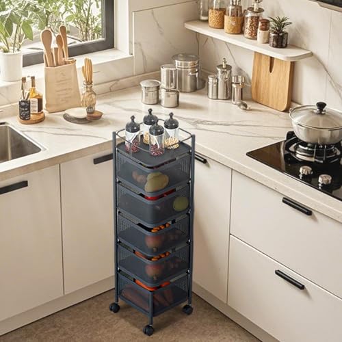 Black 5-Tier Metal Mesh Kitchen Storage Cart with Rotating Baskets & Wheels