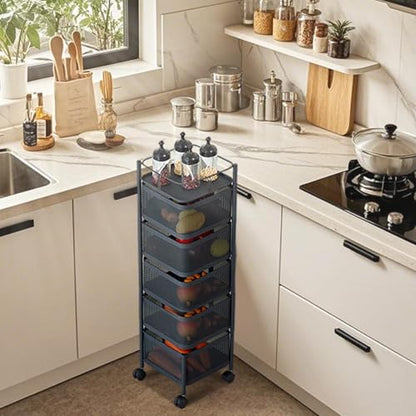 Black 5-Tier Metal Mesh Kitchen Storage Cart with Rotating Baskets & Wheels