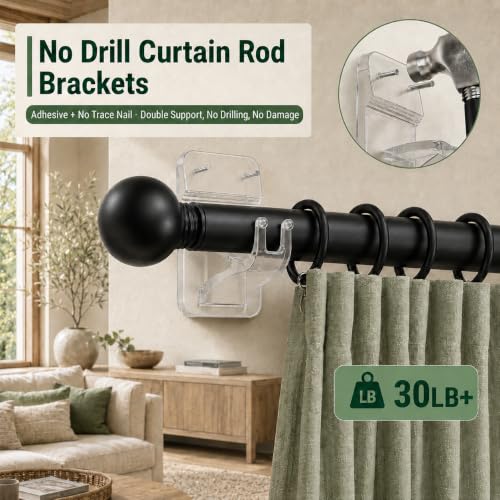 Transparent No Drill Curtain Rod Brackets - 8 Pack Self-Adhesive & Nailing Support