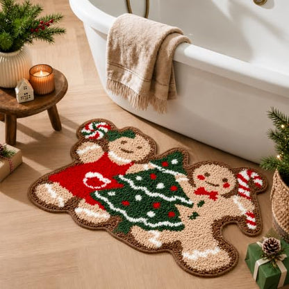 Christmas Bathroom Rug - Cute Gingerbread Bath Mat 16x24 Inches - Red Green Variation