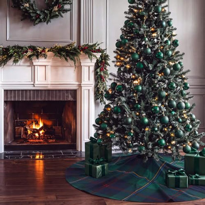 48 Inch Plaid Christmas Tree Skirt - Green Xmas Tree Mat for Holiday Decor