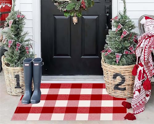 Red Buffalo Plaid Christmas Door Mat Outdoor Rug 24x35 Welcome Entryway Rug
