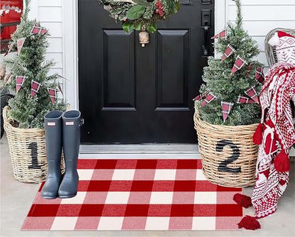 Red Buffalo Plaid Christmas Door Mat Outdoor Rug 24x35 Welcome Entryway Rug