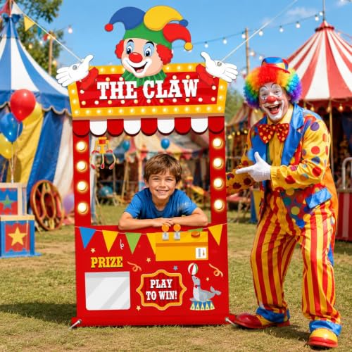Carnival Circus Claw Machine Photo Backdrop with Clown & Lights - Party Decorations
