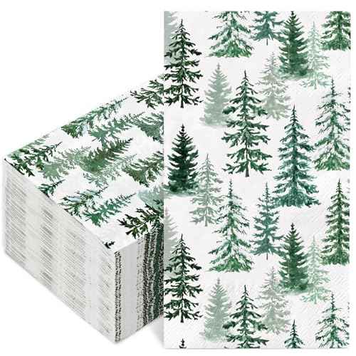 50Pcs Christmas Guest Napkins Disposable Watercolor Cedar Paper Napkins Winter Xmas Dinner Hand Napkins for Holiday Party Tableware Supplies
