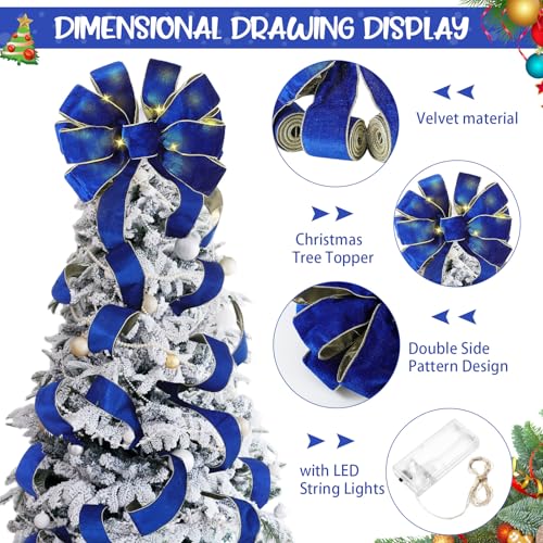 Velvet Christmas Tree Topper Bow with LED Lights - Royal Blue Large 12.6x118 Inch with Ribbon Streamers