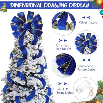 Velvet Christmas Tree Topper Bow with LED Lights - Royal Blue Large 12.6x118 Inch with Ribbon Streamers