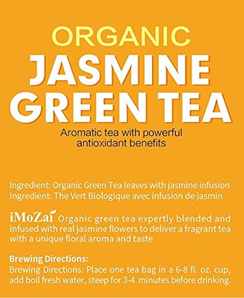 Imozai Organic Jasmine Green Tea Bags 100 Count Individually Wrapped | Lower Caffeine | Floral Aroma & Taste