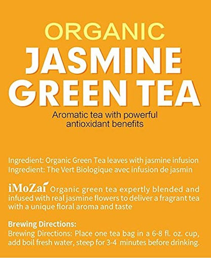 Imozai Organic Jasmine Green Tea Bags 100 Count Individually Wrapped | Lower Caffeine | Floral Aroma & Taste
