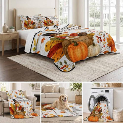 Turkey Thanksgiving Quilts King Size Fall Wooden Pumpkin Berry Soft Comforter Set - Distressed White