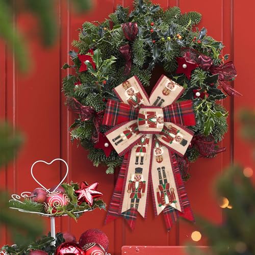 Nutcracker Plaid Christmas Wreath Bow - Red Buffalo Check Burlap Decor