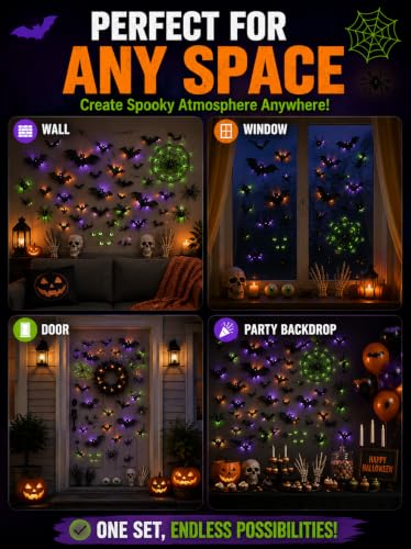 Halloween Wall Decor Kit with 3D Bats Spiders Web Skulls and LED Lights