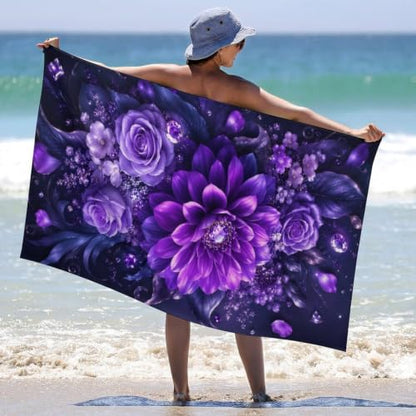 Jewel-Toned Floral Bouquet with Gems Oversized Beach Towel 51x31 - Soft Absorbent Travel & Pool Towel