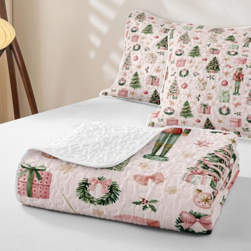 Manfei Quilted Bedspread Set Queen Size 3 Pieces Pink Green - Includes 1 Quilt & 2 Pillowcases