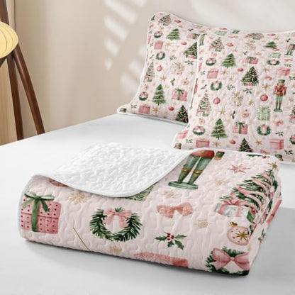 Manfei Quilted Bedspread Set Queen Size 3 Pieces Pink Green - Includes 1 Quilt & 2 Pillowcases